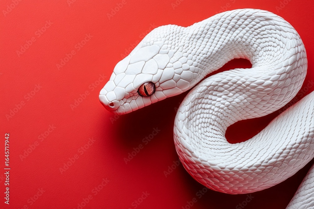 Fototapeta premium White Snake Resting on a Vivid Red Surface With Striking Features and Smooth Scales
