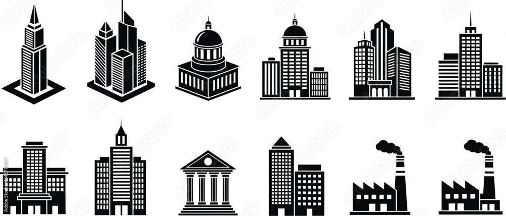 Obraz premium Building Icon Vector Set - Apartment, Skyscraper & Architecture