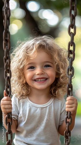 Child Enjoys Swinging in a Park During a Sunny Afternoon Surrounded by Greenery