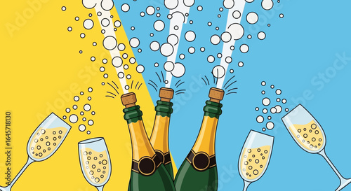 Festive celebration concept with popping sparkling wine bottles and toasting glasses, a vibrant vector illustration for a party