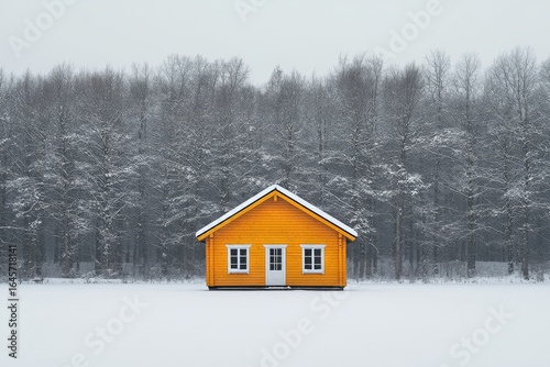 Snowy Landscape Showcasing an Orange Cabin Surrounded by Frosted Trees in a W...