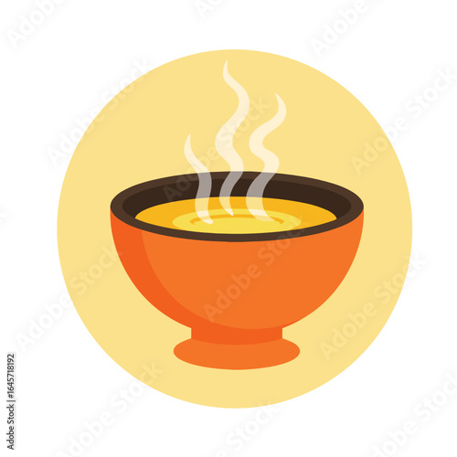 Hot soup in orange bowl with steam on yellow background  