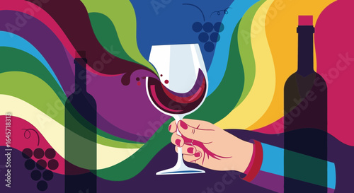 Vibrant and artistic illustration of a hand holding a swirling glass of red wine against a colorful abstract background