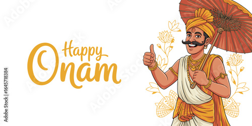 Traditional Onam greeting illustration with man in white dhoti and turban holding ornate umbrella, thumbs-up gesture, and Happy Onam text