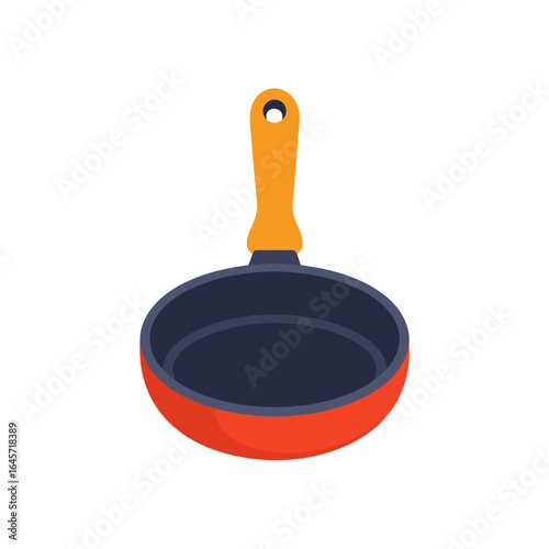 Non-stick red frying pan with orange handle on white background  