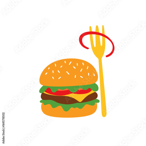 Hamburger with lettuce, cheese, and fork on white background  