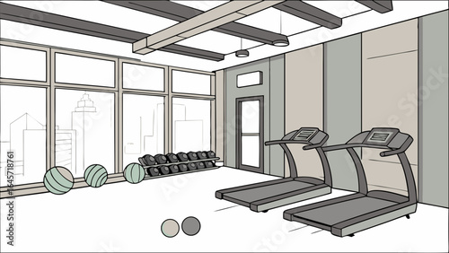 Two Modern Gray Treadmills in a Fitness Studio.