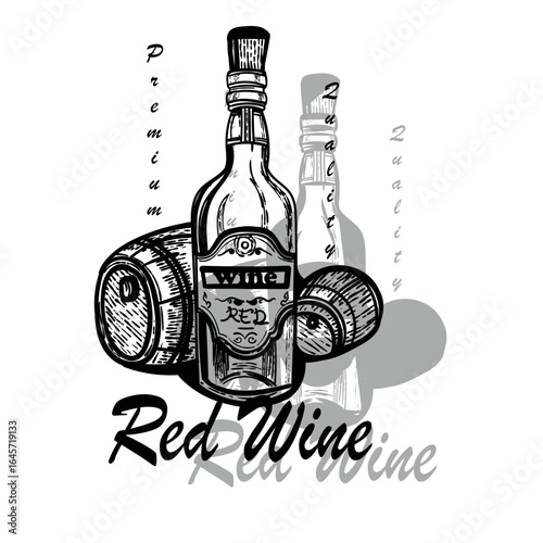 Premium Red Wine Bottle and Barrels Illustration - A Toast to Quality and Tradition