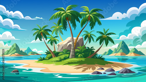 Palm trees stand tall, silhouetted gracefully against a radiant sky, while crystal waters shimmer and caress the untouched white sandy shoreline of a pristine tropical island, exuding serenity and bea