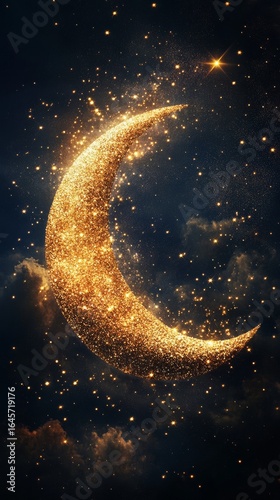Golden Crescent Moon With Sparkling Stars in a Night Sky Backdrop