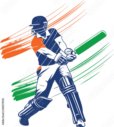 Indian cricketer batting with Indian flag colors in background