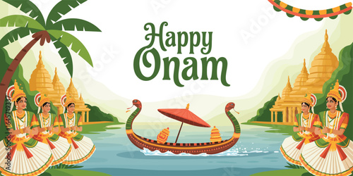 Traditional Onam festival illustration with snake boat, dancers, temples, palm trees, garland, and Happy Onam text for Kerala celebration