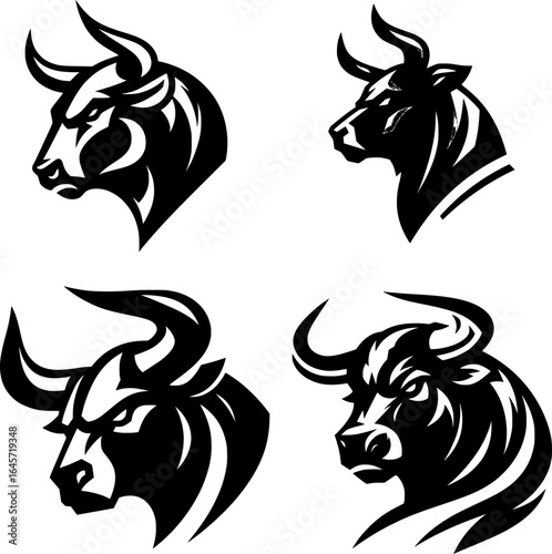 Set of four black and white aggressive bull profile in bold, angular esports logo style, high contrast, minimal detail.