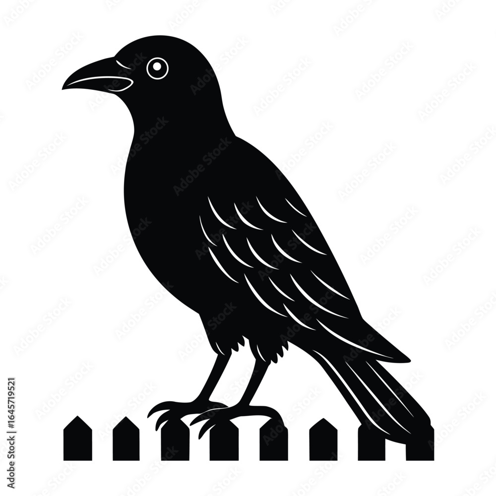 Fototapeta premium Majestic Crow Silhouette on Fence Bird Vector Illustration Graphic on White Background