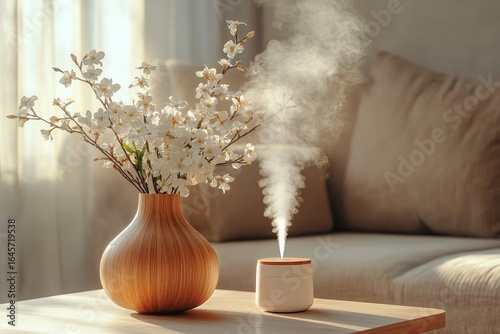 Elegant Home Decor Featuring Blossoms and a Diffuser in a Sunlit Living Room