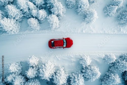 Red Car Drives on Snow-Covered Road Surrounded by White Trees in Winter Lands...