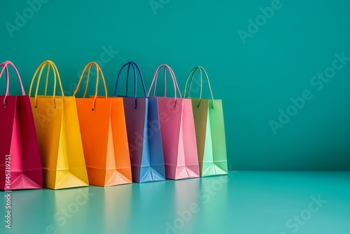 Colorful Paper Bags Arranged Neatly on a Bright Background for Shopping or Gi...