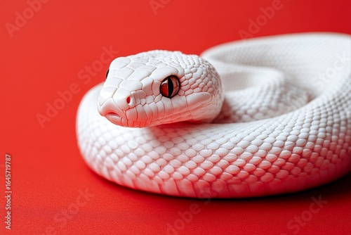 White Snake Resting on a Vibrant Red Background Captures Attention With Its S...