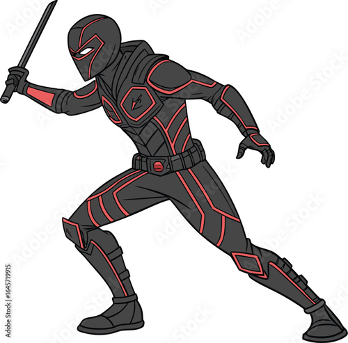 Dynamic graphic design featuring a shadowy assassin figure in a striking front facing pose ideal for gaming entertainment or action themed promotions