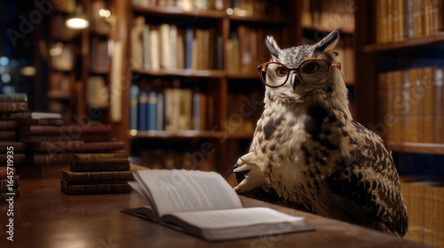 Owl Reading in a Library