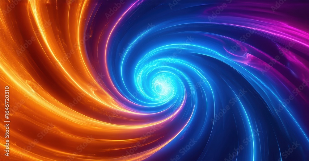 Obraz premium Vibrant spiral energy flows. Orange, blue, purple hues blend, creating dynamic visual effect. Center glows brightly.