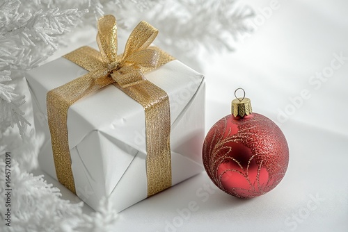 Festive Decorations With Red Ornament on Gift Near Frosted Christmas Tree in ...