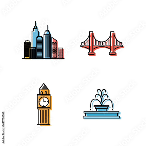 Colorful city life and world travel icon set. Thin line vector symbols of famous urban landmarks, architecture, and tourist attractions for design.