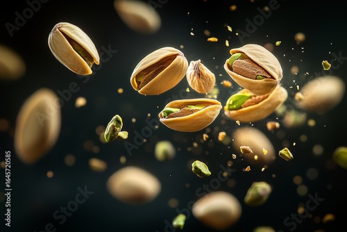 Pistachios Burst Open Showcasing Their Vibrant Green Kernels Against a Dark B...