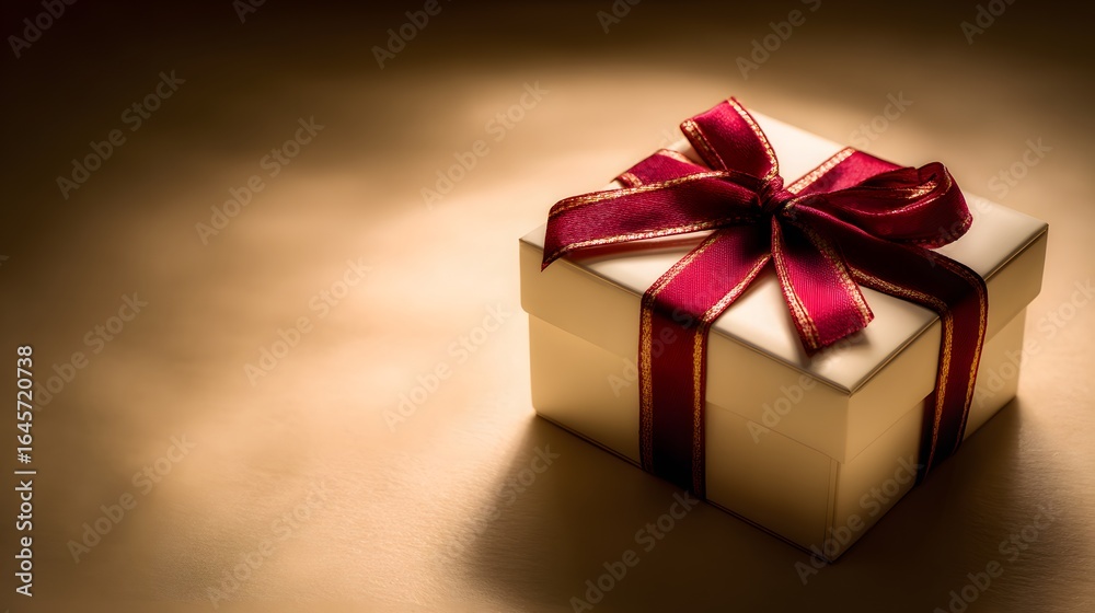 Obraz premium A gift box with a burgundy ribbon and a bow.