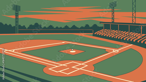 Vintage Style Baseball Field Illustration Orange Clay Infield Green Grass and Bleachers.