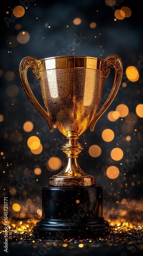 Shiny Gold Trophy Illuminated by Glittering Lights Celebrating Achievement an...