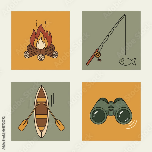 Outdoor Camping and Fishing Icons Set - Bonfire, Canoe, Fishing Rod, and Binoculars