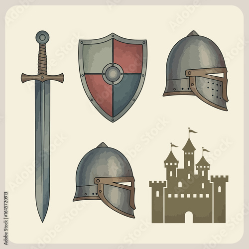 Collection of medieval knight accessories and castle illustration