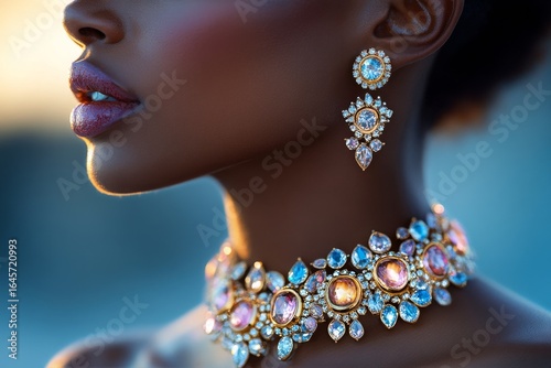 Exquisite Jewelry Adorns a Model During a Sunset Photoshoot by the Beach