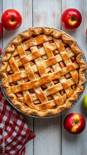 Freshly Baked Apple Pie on a Wooden Table With Red and Green Apples Nearby.