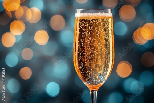 Sparkling Beverage in a Stylish Glass With Blurred Blue Background During Fes...