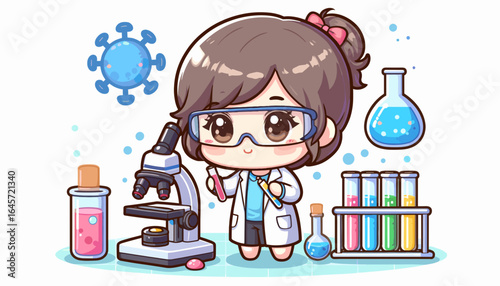 Chibi girl scientist working in a laboratory with test tubes and microscope, colored vector illustration, chibi scientist