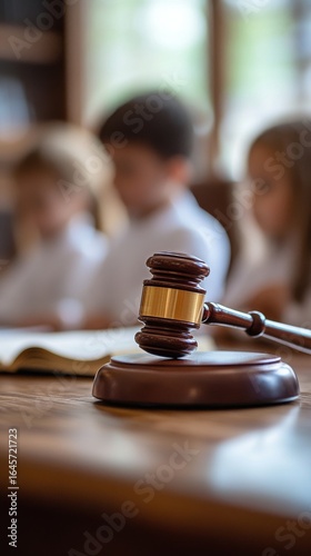Young Students Learning About Law With a Gavel and an Open Book in a Classroo...