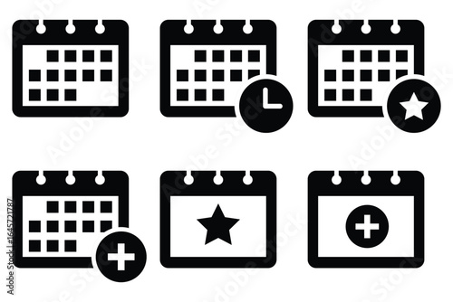 Calendar icon set. Calendar symbol. Calendar and Planner Icons . Time, Star, Add Date, and Event Symbols in Flat Style.