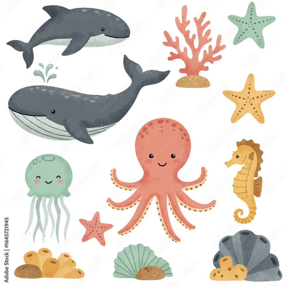 Naklejka premium A charming set of cute watercolor sea animals. Collection of isolated marine life characters like whale, octopus, and coral.