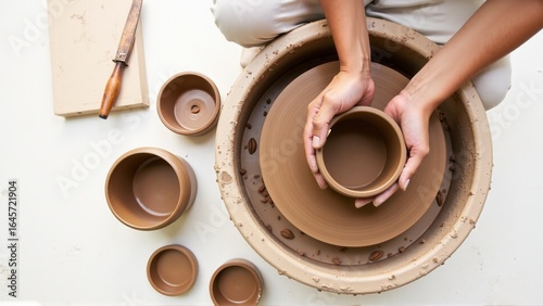 Overhead shot of a potter shaping a clay bowl on a spinning wheel, showing the artful craft.