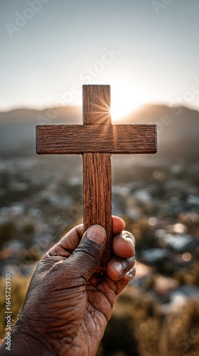 Hand Holding Wooden Cross With Sun Setting Over Mountains in Serene Landscape