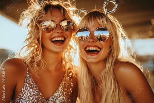 Friends Enjoying a Sunny Day by the Beach With Sparkling Outfits and Stylish ...