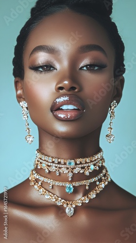 Elegant Portrait of a Model Showcasing Stunning Jewelry Against a Serene Blue...