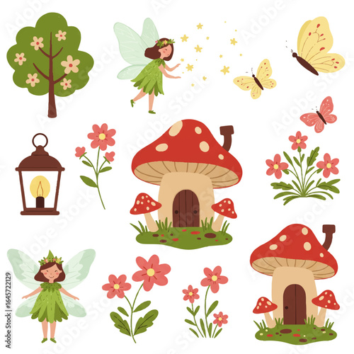 Charming collection of cartoon fairy tale elements featuring cute fairies, mushroom houses, and magical forest flora.