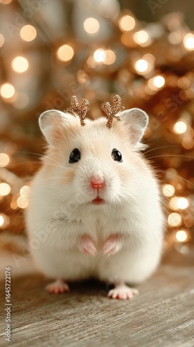 Cute Hamster Wearing Holiday Reindeer Antlers With Blurred Lights in Background.
