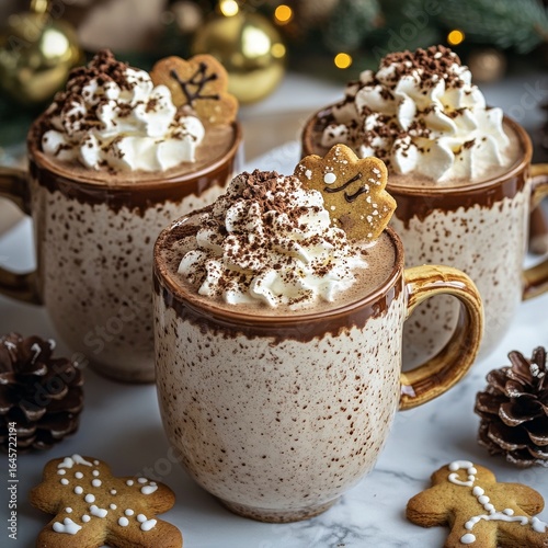 Holiday Hot Chocolate With Whipped Cream and Gingerbread Cookies on a Festive...