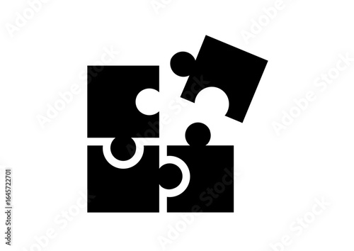 Black silhouette icon of four interlocking puzzle pieces, with one piece separated. Minimalist vector style, symbolizing problem-solving, teamwork, strategy, and connection. Ideal for business present