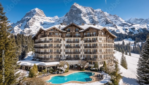 Luxurious hotel with pool nestled in snowy Alpine mountains