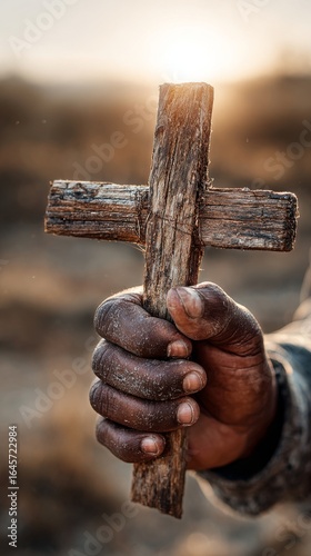 Hand Holding a Rustic Wooden Cross During Sunset in a Serene Outdoor Setting